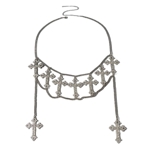 Gothic silver punk body chain with multi-layer cross pendants and tassels on white background