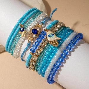 Bohemian multilayer beaded bracelet set with evil eye and hamsa hand charms
