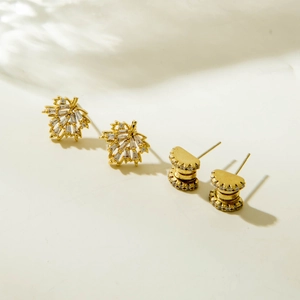 Elegant gold maple leaf and geometric square stud earrings set with zircon stones