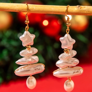 Eleganti Orecchini a Goccia Albero di Natale in Lega Placcata Oro Perla Artificial Barocca Bianca Forma Stella Gioielli da Donna