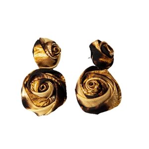 Vintage leopard print fabric flower drop earrings in retro brown fabric rose design