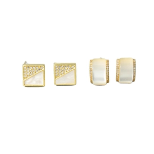 Minimalist square zircon stud earrings and wide curved white hoop set in gold finish