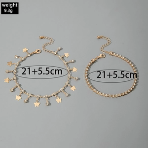 Detailed view of gold butterfly anklet set with weight 9.3g and 21+5.5cm size markings