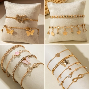 Butterfly Rhinestone Anklet Bracelet Multilayer Alloy Foot Chain Jewelry Beach Vacation Bohemian Style For Women Adjustable