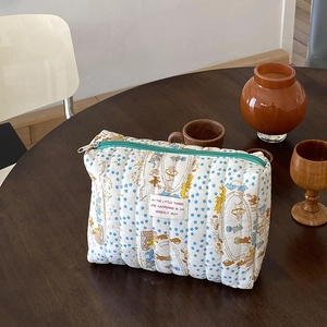 Quilted Cotton Cosmetic Bag Cartoon Animal Star Print Large Capacity Storage Pouch Zipper Portable Travel Makeup Organizer