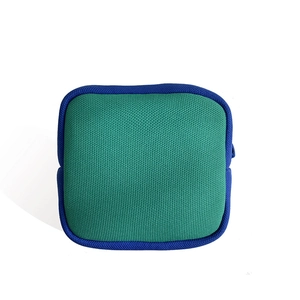 Green mesh fabric square storage pouch with blue trim for earphones and small items