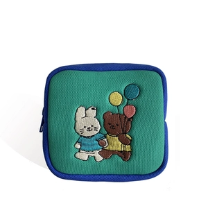 Cartoon square storage pouch with cute rabbit and bear embroidery and blue zipper