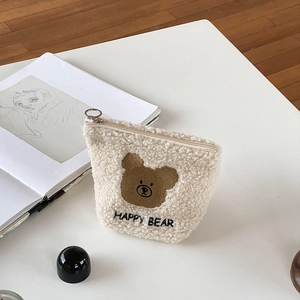 Plush Cosmetic Bag Sherpa Bear Embroidery Portable Makeup Pouch Cute Coin Purse Zipper Soft Storage For Travel Daily