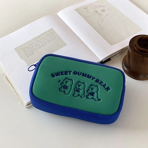 Cute Bear Embroidered Makeup Bag Polyester Contrast Color Portable Zipper Travel Organizer Stationery Pouch For Women Girls