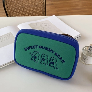 Green canvas makeup bag with cute blue bear embroidery and Sweet Gummy Bear text