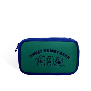 Large capacity canvas makeup bag with cute gummy bear print and blue zipper closure