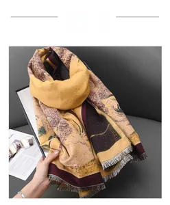 Detail of sunflower oil painting print scarf with retro landscape pattern and fringe trim