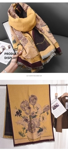Close-up of imitation cashmere scarf with sunflower oil painting print and tassels