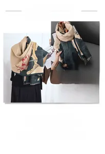 Detail view of lotus print pashmina shawl featuring smooth texture and vintage design