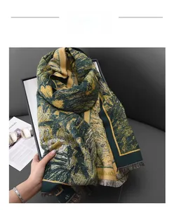 Artistic oil painting style scarf with dark green and yellow patterns and tassels