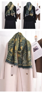Detailed close-up of vintage oil painting style scarf with tassels and artistic patterns