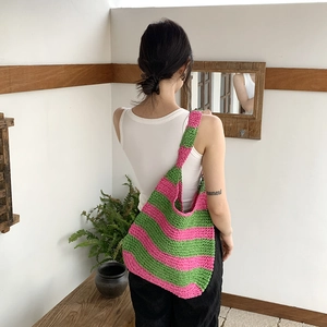 Handmade striped crochet shoulder bag in pink and green for women daily use