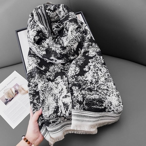 Écharpe En Imitation Cachemire Noir Blanc Imprimé Tigre Forêt Toile De Jouy Châle Avec Glands Chaud Élégant Pour Femme