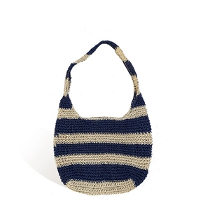 Handmade navy and beige striped woven straw shoulder bag with large capacity for beach