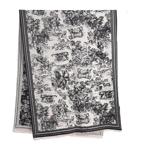 Écharpe en cachemire Toile de Jouy avec imprimé tigre noir et blanc et bords frangés