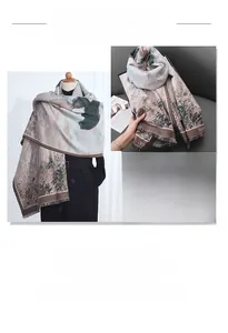 Detail of artistic umbrella print cashmere-style scarf with elegant tassels and thick texture