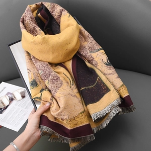 Women Sunflower Oil Painting Print Scarf Shawl Thick Warm Imitation Cashmere Tassel Fringe Retro Art Accessory