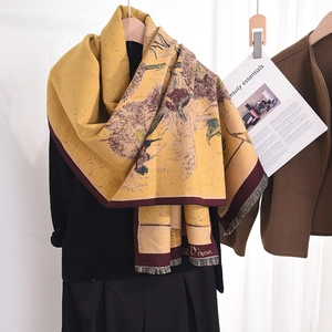Elegant sunflower oil painting print warm scarf with fringe and Vincent embroidery