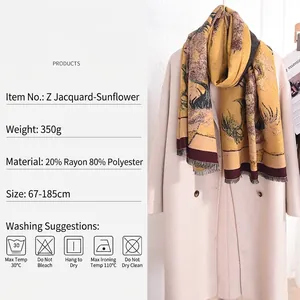 Elegant sunflower print winter scarf with tassels, soft rayon blend shawl 67x185cm