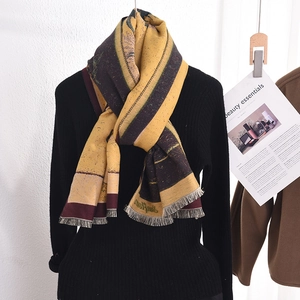 Elegant sunflower oil painting print knit scarf in ginger yellow with tassel edges
