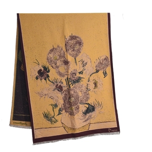 Elegant Vincent sunflower oil painting print scarf with purple fringe edges on white background