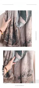 Detail of artistic cashmere-like scarf with Monet print and delicate fringe edges