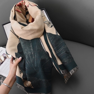 Vintage Chinese Style Lotus Floral Print Scarf Imitation Cashmere Warm Shawl Wrap With Tassels For Winter Women Elegant