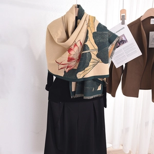 Elegant lotus print oversized winter shawl wrap with fringed edges in warm beige