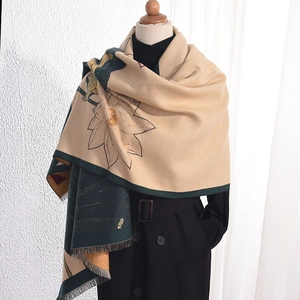 Elegant Chinese lotus print shawl scarf in beige and dark green with fringe trim