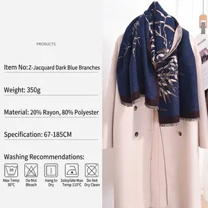 Elegant navy blue scarf with retro tree branch jacquard pattern for winter warmth