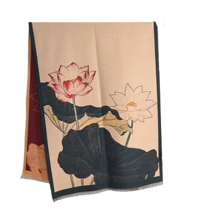 Classic Chinese style shawl featuring lotus floral print and elegant grey tassels
