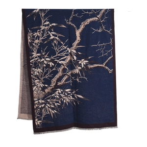 Retro elegant tree branch print scarf in navy blue and beige with fringe trim