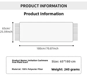 Size guide for plaid scarf showing dimensions 180x65cm and 100% polyester fabric details