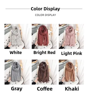 Detailed color display of vintage checkered scarves with fringe edges in six colors