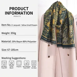 Retro oil painting style green cashmere scarf with yellow flower jacquard patterns