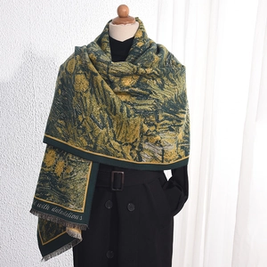 Retro oil painting style cashmere-feel scarf with yellow and dark green floral patterns