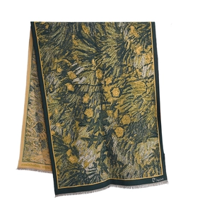 Retro oil painting style cashmere-like scarf with Van Gogh patterns and white fringe