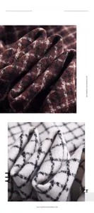 Detail view of plaid imitation cashmere scarf with soft knitted texture and fringes