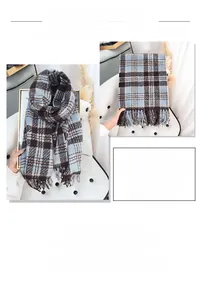 Macro detail of the thick plaid scarf with brown, blue tassels and soft woven texture