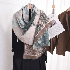 Elegant pashmina shawl with abstract umbrella art print and soft fringe tassels