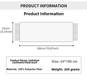 Detailed size chart for 65x180cm plaid scarf made of soft cashmere-like polyester fabric
