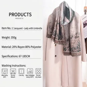 Elegant Monet oil painting print cashmere-like scarf draped over a beige winter coat