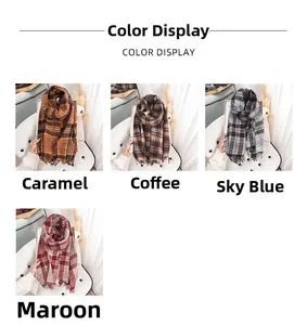 Detailed grid showing four color options of plaid cashmere scarves with soft fringe tassels