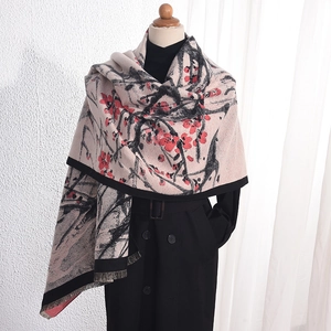 Women Chinese Style Plum Blossom Print Scarf Imitation Cashmere Winter Warm Large Shawl With Tassels