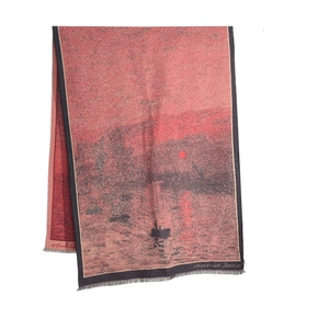 Écharpe artistique imprimée coucher de soleil avec franges et motif peinture à l'huile
